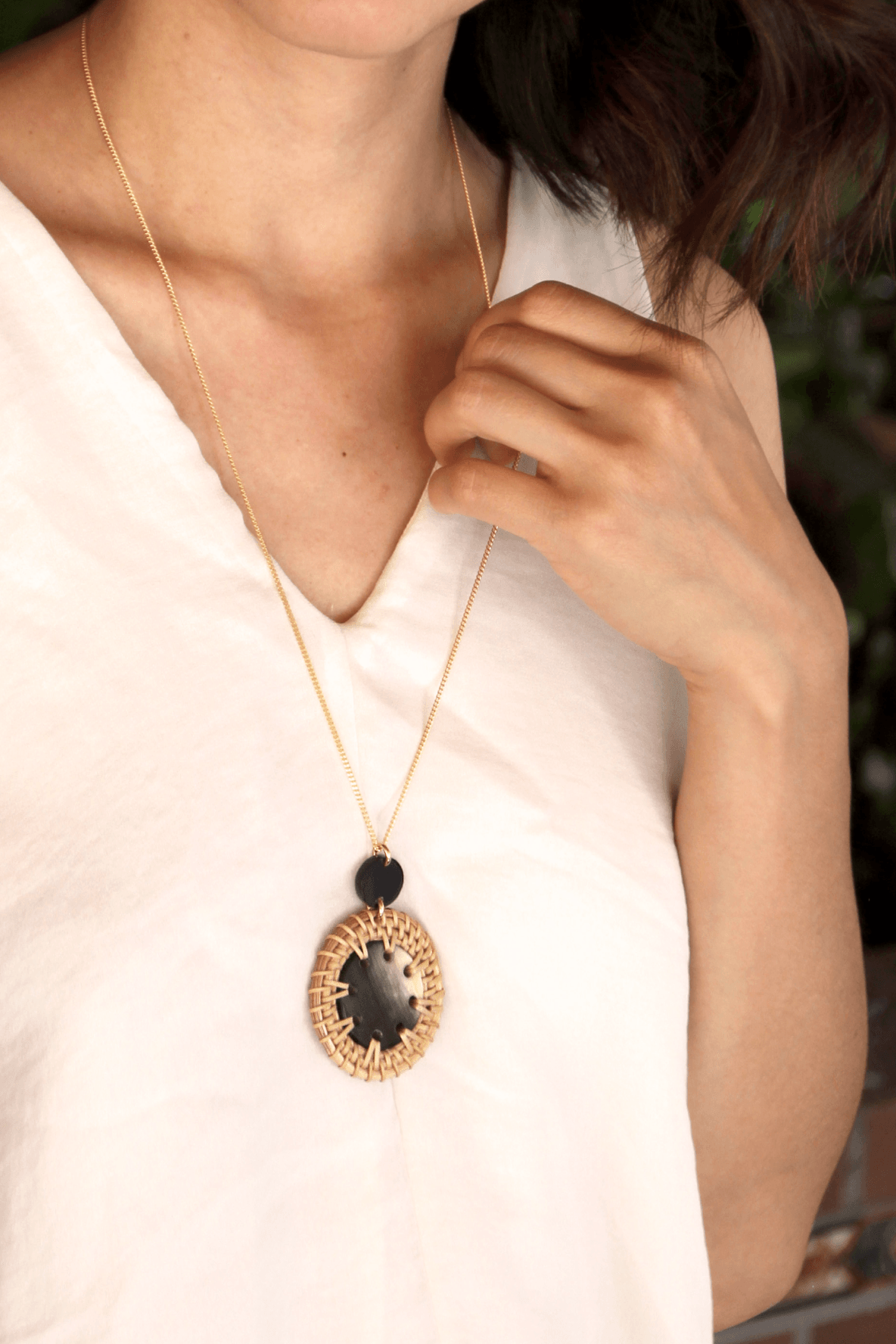 Horn & Rattan Pendant Necklace